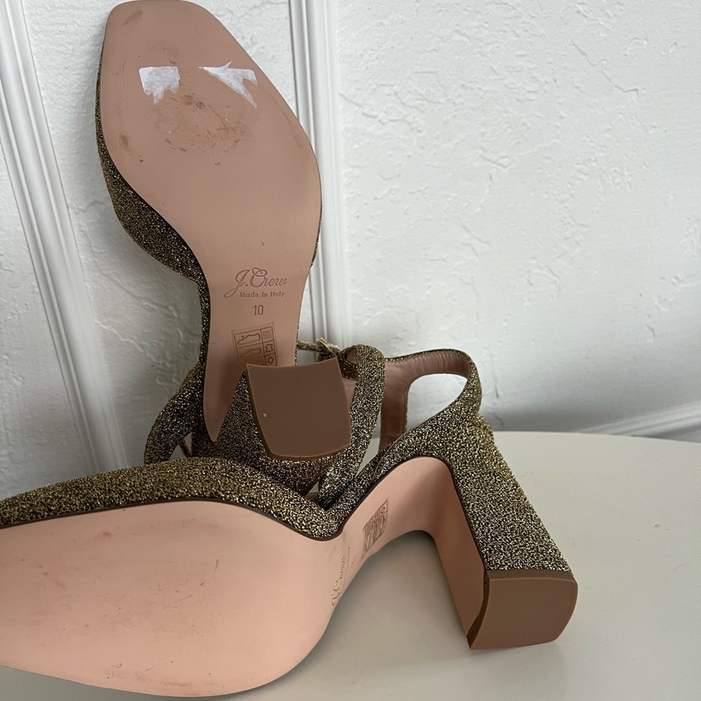 J. Crew Harlow Ankle Strap Gold Glitter Heels NWOB Made in Italy Leather Bottoms - Picture 6 of 8